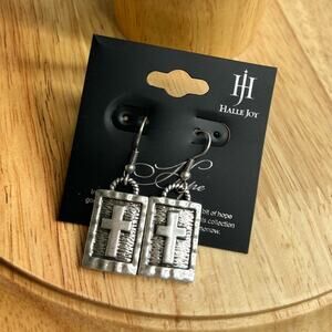 Halle Joy silver cross fish hook earrings new